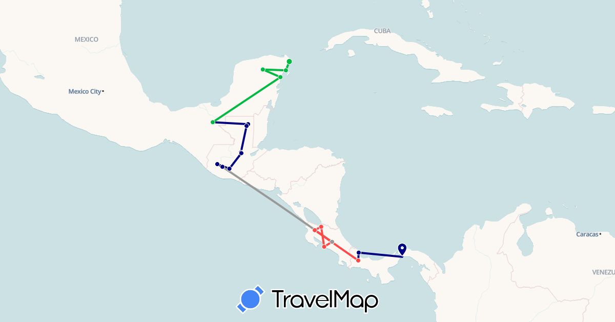 TravelMap itinerary: driving, bus, plane, hiking in Costa Rica, Guatemala, Mexico, Panama (North America)